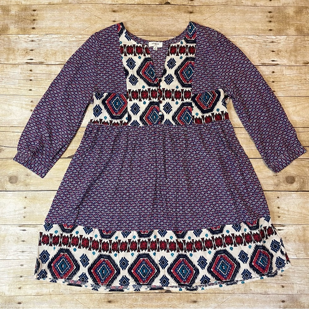 Umgee Boho Red White Blue Pattern 3/4 Sleeve Dress | S